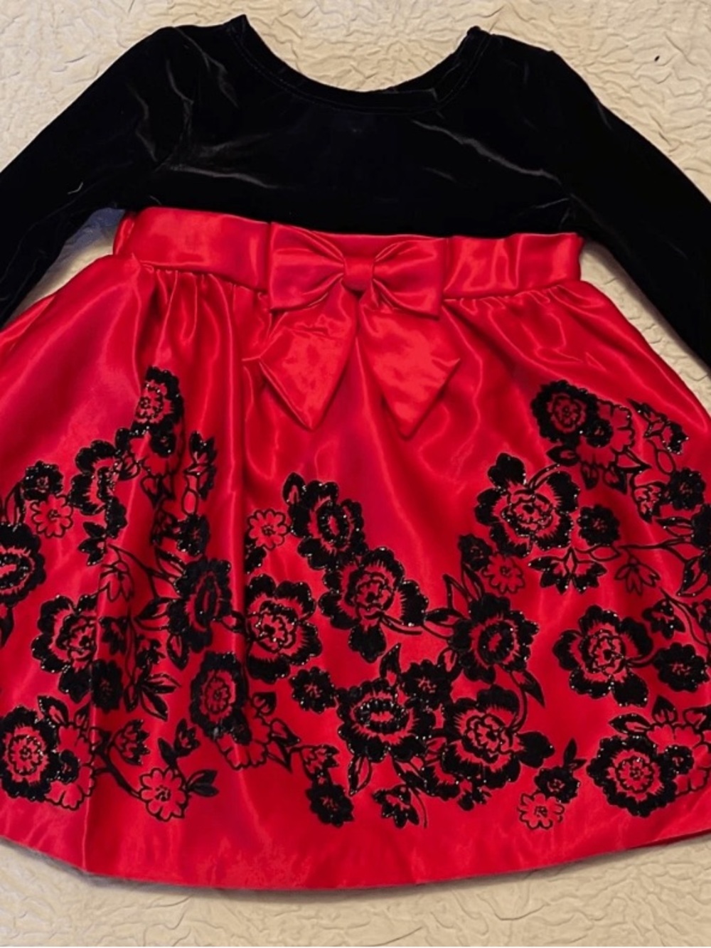 Girls Black & Red Velvet Satin Floral Holiday Dress